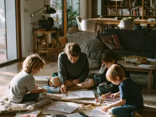 Padre enseña a sus hijos, incluyendo uno de 5 años, a leer y dibujar en el suelo.