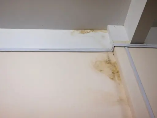 Taches d'humidité et moisissures sur un mur et un plafond, signe d'un vice caché dans cette maison ancienne.