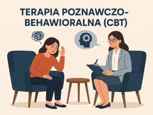 Kobieta w fotelu przeżywa trudne emocje, a terapeuta prowadzi terapię poznawczo-behawioralną, wspierając ją w procesie zmian.