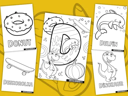 Kolorowanki z literką D: donut, deskorolka, delfin, dinozaur i dynia. Idealne do druku dla dzieci.