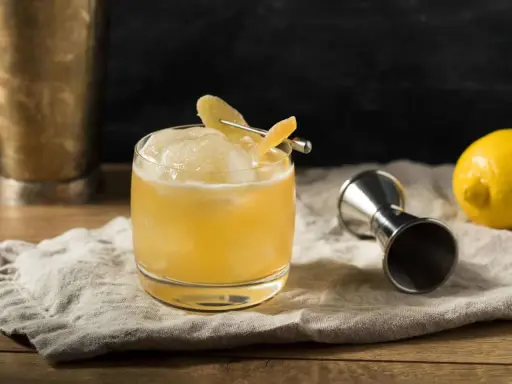 En gyllene whiskey drink med is och citronskal, redo att avnjutas. Bredvid står en jigger och en citron.