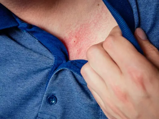 Pelle arrossata e irritata sul collo, possibile dermatite da stress. Una mano solleva il colletto di una camicia blu.
