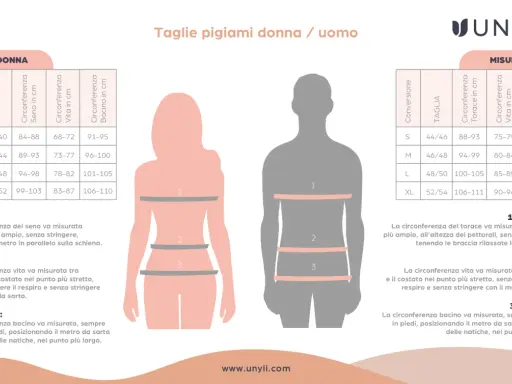 Tabella taglie pigiami: la taglia 48 da donna corrisponde a una circonferenza vita 78-82 cm e bacino 101-105 cm.