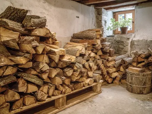 Holzstapel im Keller, bereit als biomasse holz für den Winter. Ein Fenster mit Pflanze erhellt den Raum.