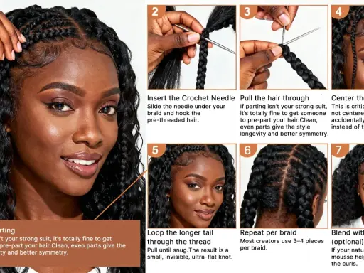 Guía paso a paso para tejer trenzas de crochet, mostrando cómo insertar la aguja, pasar el cabello y asegurar el nudo.