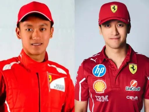 Zhou Guanyu, piloto de Ferrari, sonríe con su uniforme rojo.