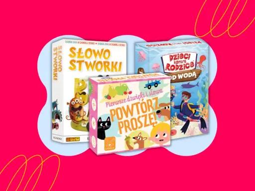 Kolorowe gry planszowe dla 5 latka: "Słowostworki", "Powtórz proszę!" i "Dzieci kontra Rodzice: Od wodą".