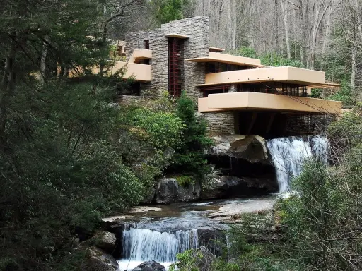 Fallingwater, capolavoro di Frank Lloyd Wright, si fonde con la natura, con cascate che scorrono sotto i suoi terrazzamenti.