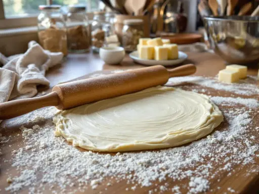 Rouleau à pâtisserie sur une pâte feuilletée étalée, saupoudrée de farine. Des cubes de beurre sont prêts pour la recette.