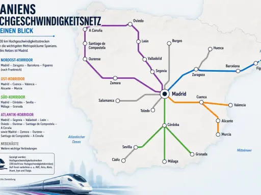 Karte des spanischen Hochgeschwindigkeitsnetzes mit Madrid als Zentrum. Verschiedene Korridore verbinden wichtige Städte wie Barcelona, Sevilla und A Coruña.