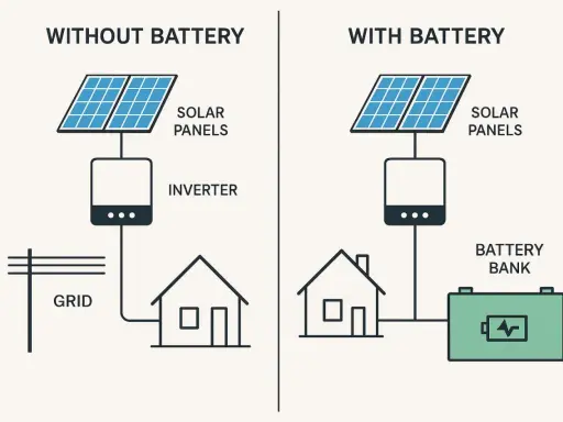 Jämförelse av solceller med eller utan batteri. Till vänster: solpaneler kopplade till växelriktare och elnätet. Till höger: solpaneler, växelriktare, batteribank och hus.
