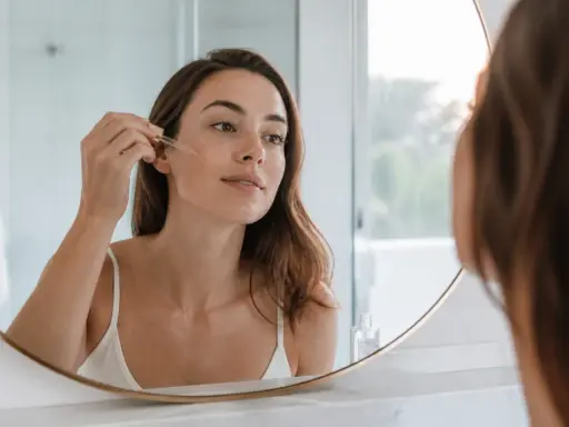 Une femme applique un sérum à l'acide glycolique sur son visage, reflétée dans un miroir.