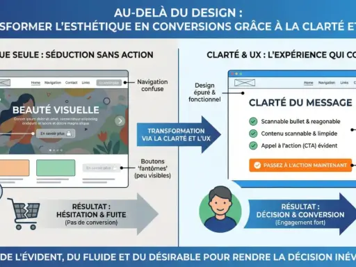 Comparaison de la structure d'une page web : esthétique seule vs clarté et UX pour la conversion.
