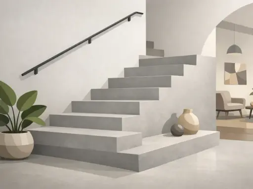 Nowoczesne schody z betonu architektonicznego, czyli co to jest mikrocement. Obok donica z rośliną i wazony.