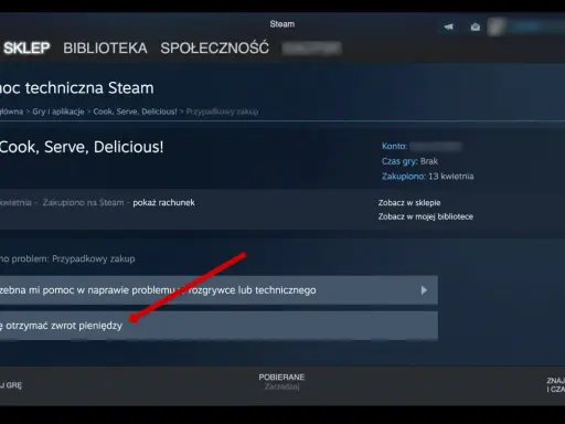 Interfejs Steam z opcją zwrotu pieniędzy za grę "Cook, Serve, Delicious!".