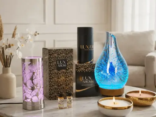 Ambiance relaxante avec diffuseur lumineux, bougies parfumées et huiles essentielles pour un **arôme intérieur** apaisant.