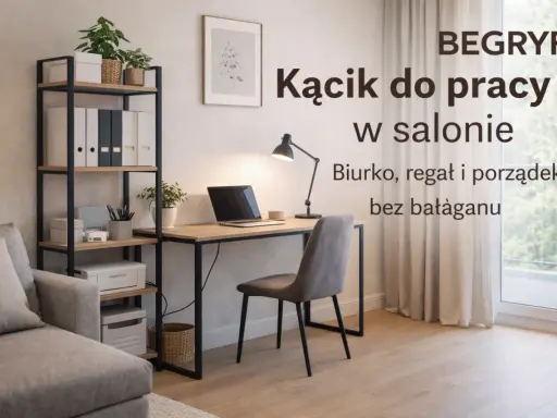 Kącik do pracy w salonie: biurko, regał i porządek bez bałaganu. Idealne miejsce do pracy i nauki.