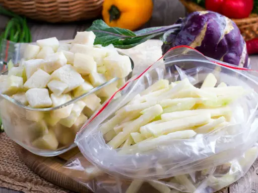 Kohlrabi einfrieren roh: gewürfelte und Stifte im Gefrierbeutel und Schüssel, bereit für die Lagerung.