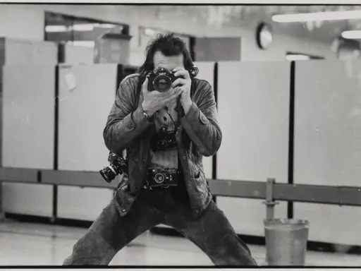Un uomo con più macchine fotografiche al collo, intento a scattare un autoscatto. Un'immagine che cattura l'essenza di un fotografo, forse lo stesso René Burri.