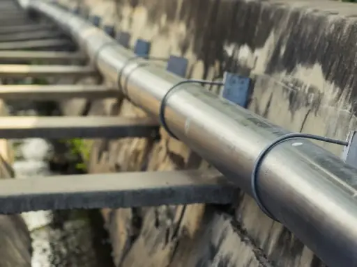 Długi, metalowy rurociąg biegnie wzdłuż betonowego koryta. To ważna kanalizacja tłoczna, transportująca płyny.