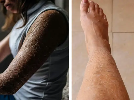 Bilden visar en person med svårt torr hud på armen och ett ben. Huden är fjällande och sprucken, vilket indikerar extrem torrhet.