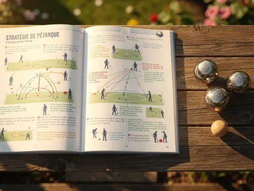 La pétanque pour les nuls : un livre ouvert sur une table en bois, entouré de boules de pétanque.