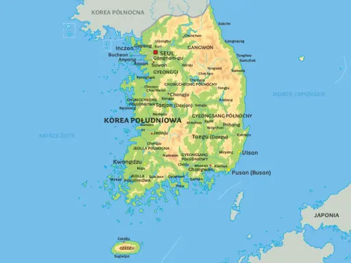 Mapa Korei Południowej z zaznaczonymi miastami jak Seul, Pusan i wyspa Czedżu.