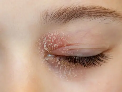 Gros plan sur un œil fermé présentant une peau sèche et squameuse, signe d'une mycose autour des yeux.
