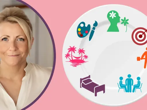 En kvinna ler bredvid en tallrik med symboler för välbefinnande: konst, avkoppling, sömn, socialt umgänge, träning, mål och mental hälsa, som en visuell representation av merkaba meditation.