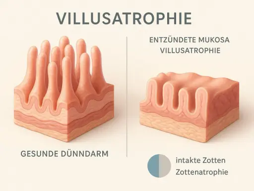 Confronto tra villi intestinali sani e atrofizzati, tipici della celiachia. La celiachia danneggia i villi, riducendone l'assorbimento.