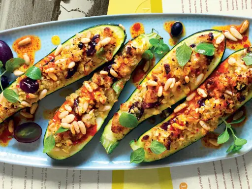 Zucchine ripiene vegetariane con pinoli, olive e erbe aromatiche, servite su un piatto azzurro con un filo d'olio piccante.