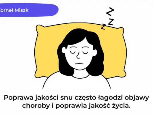 Ilustracja przedstawia osobę z zaburzeniami snu, leżącą na poduszce. Poprawa jakości snu łagodzi objawy choroby.