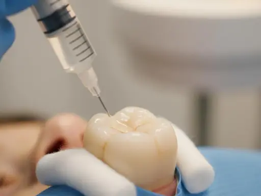 Dentysta aplikuje płyn na ząb. Czy lakowanie zębów jest szkodliwe? Nie, to profilaktyka próchnicy.