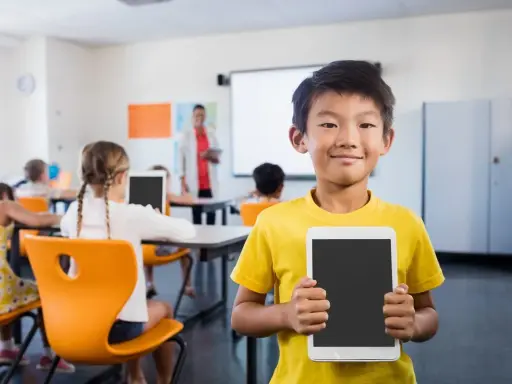 Un bambino sorridente in classe mostra un tablet, pronto per le attività di accoglienza di un nuovo alunno.