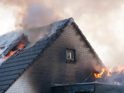 Un incendie maison ravage le toit, des flammes vives et une épaisse fumée s'échappent des tuiles.