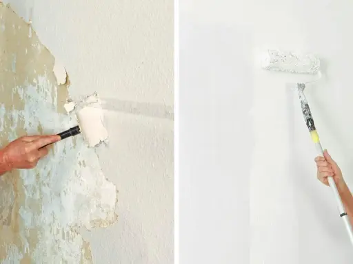 Vänster bild: En hand använder en bredspackla för att ta bort gammal tapet. Höger bild: En person målar en vägg vit med en roller.