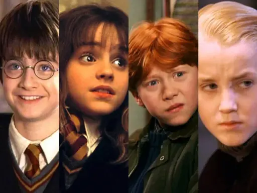Harry, Hermione, Ron y Draco jóvenes. La saga Harry Potter es apta para todas las edades, pero la harry potter edad recomendada varía según la película.