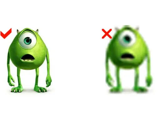 Mike Wazowski con alta resolución (check) y baja resolución (X). La diferencia muestra qué es la resolución de una imagen.