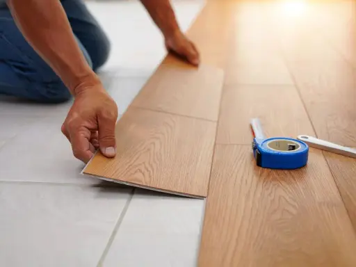 Pose d'un nouveau revêtement de sol imitation bois, une solution pour niveler un sol sans ragréage. Un mètre ruban et un cutter sont à proximité.