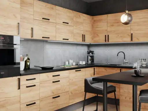 Nowoczesna kuchnia boho loft z drewnianymi frontami, szarym blatem i betonową ścianą. Idealne miejsce na poranną kawę.