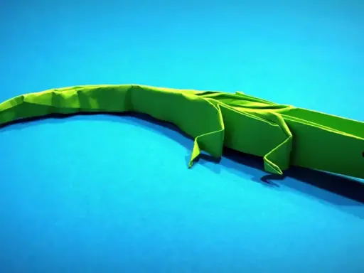 Un lagarto verde de papiroflexia animales descansa sobre un fondo azul.