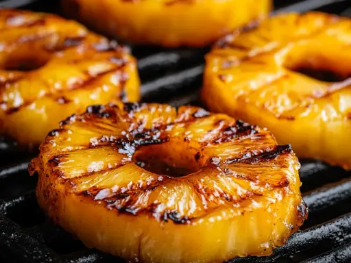 Saftige Ananasscheiben mit Grillstreifen auf einem Rost. Das Ananas grillen verzaubert mit süß-karamelliger Note.