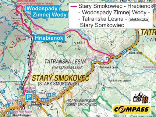 Trasa Stary Smokowiec - Hrebienok - Wodospady Zimnej Wody - Tatranská Lesná. Mapa turystyczna Tatr.