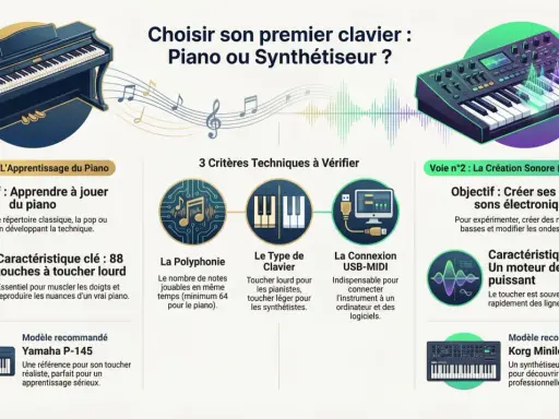 Comparaison entre piano et synthétiseur pour choisir son premier clavier. Idéal pour apprendre le piano ou créer des sons électroniques avec un logiciel piano midi.