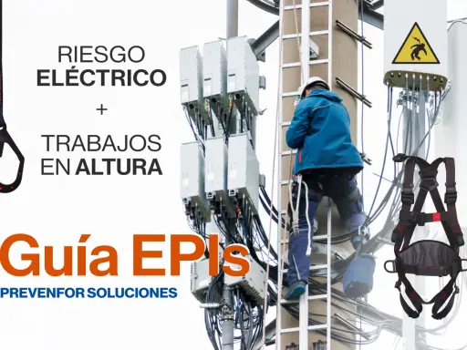 Guía EPIs: Arneses para trabajos en altura y riesgo eléctrico. Un trabajador usa un arnés para subir a una torre de telecomunicaciones.
