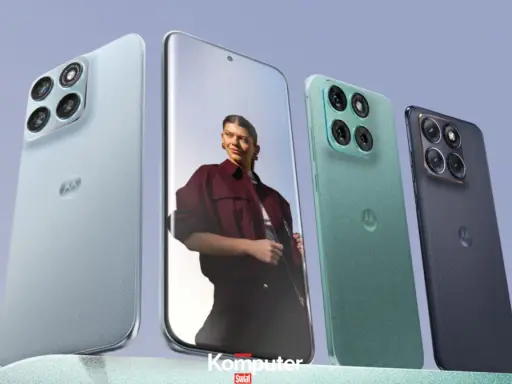 Cztery smartfony Motorola w różnych kolorach, z charakterystycznym logo producenta. Jeden z telefonów wyświetla portret kobiety.
