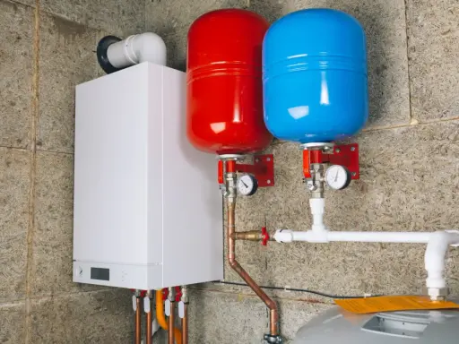 Nowoczesny kocioł z dwoma zbiornikami (czerwonym i niebieskim) i instalacją hydrauliczną. To przyszłość ogrzewania, bo zakaz pieców gazowych zbliża się wielkimi krokami.