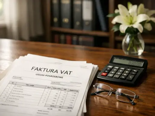 Faktura VAT za usługi pogrzebowe leży na biurku obok kalkulatora i okularów. Czy koszty pogrzebu wchodzą do spadku?