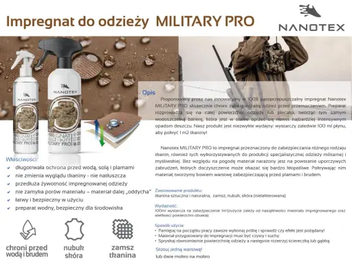 Impregnacja nubuku i skóry MILITARY PRO od Nanotex chroni przed wodą i brudem, zachowując oddychalność materiału.