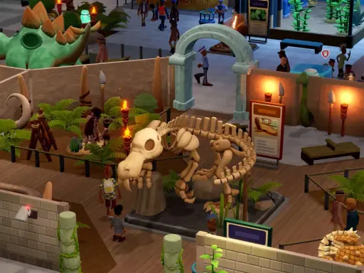 Zwiedzający podziwiają szkielet dinozaura w **two point museum**. W tle widać zielonego dinozaura i prehistoryczne eksponaty.